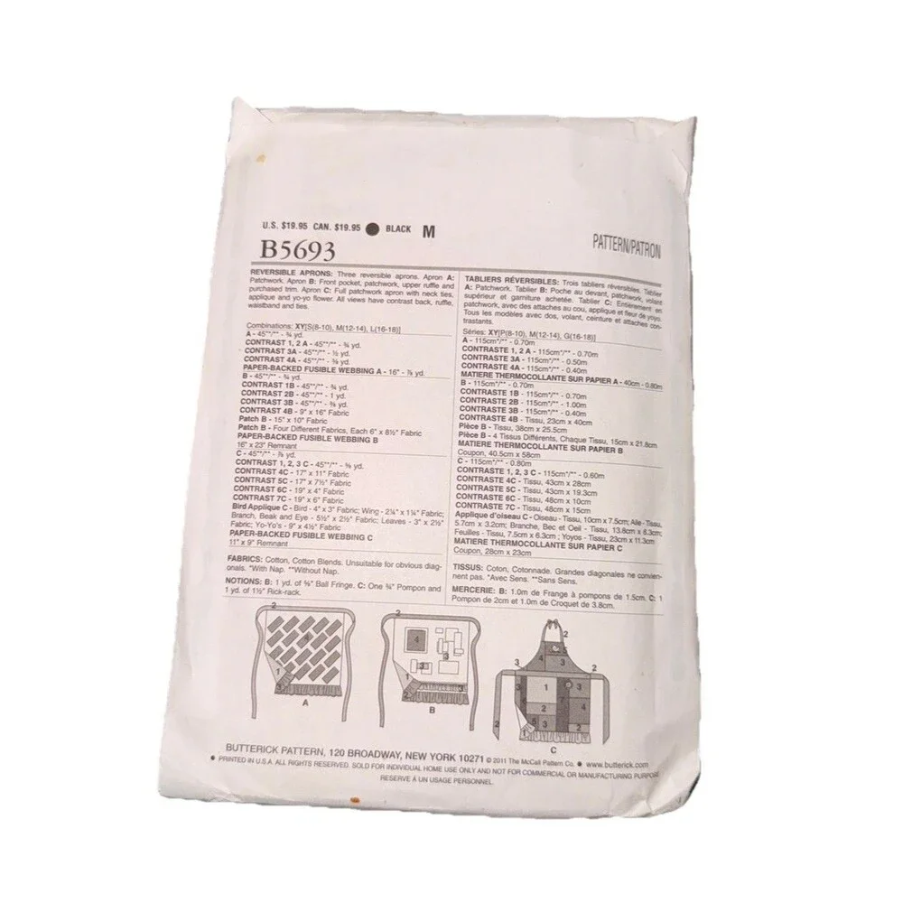 Butterick Pattern B5693, Reversible Aprons S, M, L (8-18) Jennifer Lokey, Uncut